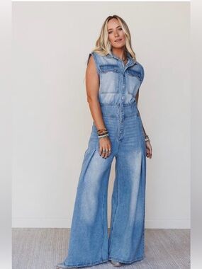 Wide leg denim jumpsuit